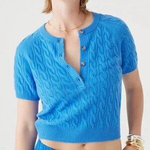 NEW J. Crew Blue Cashmere Cable-Knit Henley T-shirt Short Sleeve Sweater